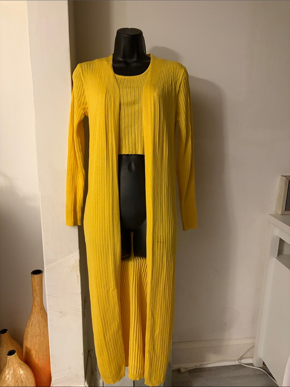 Yellow Ribbed Long Cardigan and Crop Top Set 2 piece set
